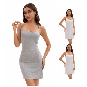 INSPIRE CHIC Women's 3 Packs Adjustable Spaghetti Strap Underdress Full Slips with Built-in Bra Shapewear - 1 of 4