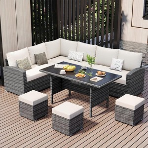 Acekool 7-Piece Outdoor Patio Furniture Set with Grey PE Rattan, Cushions & Glass Table for Porch, Balcony & Backyard - 1 of 4