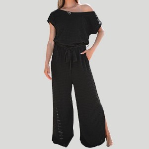 Amaryllis Women’s Off Shoulder Short Sleeve Jumpsuit Wide Leg Belted Waist Relaxed Fit One-Piece Minimalist Outfit - 1 of 4