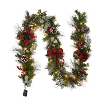 9 FT Christmas Garland, Lighted Christmas Garland with 30 LEDs, Battery Operated 8 Lighting Modes