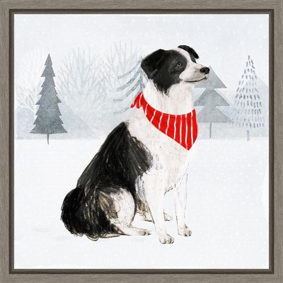 Festive Dog in Snowy Landscape Canvas Wall Art