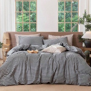 Black White Gingham Duvet Cover Set, Queen 90x90, 100 Washed Cotton, Breathable Soft - 1 of 4