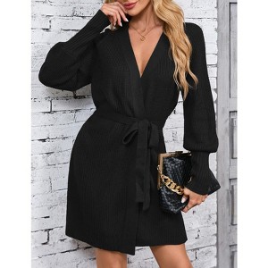 YesFashion Women's Fall Tie Waist Sweater Dress Elegant V Neck Wrap Sweater Dress Long Sleeve Knit Mini Sweater Dress - 1 of 4