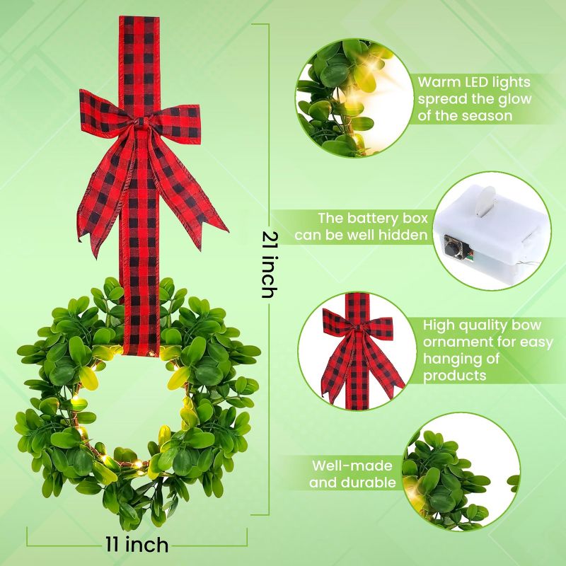 KOVOT Set of 4 Hanging Wreaths with Lights, Black & Red Plaid Ribbon Bow. Christmas Decoration for Cabinets, Chairs, Doors, Railings & Windows, 2 of 7