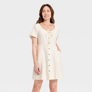 Women's Short Sleeve Button-Front Mini Sundress - Universal Thread Cream Floral XS