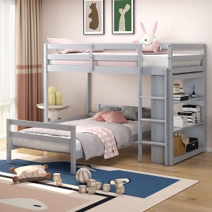 Costway Twin Over Twin Loft Bunk Bed Wood w/Bookcase Guardrail Ladder Kids Bedroom - 1 of 4