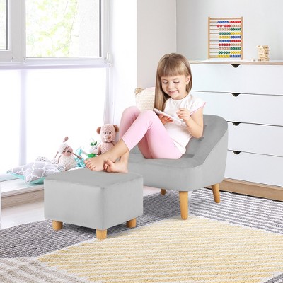 Gray Velvet Kids Barrel Accent Chair with Ottoman