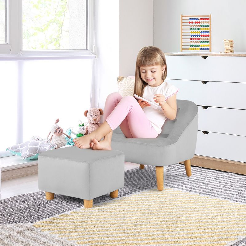 Costway Kids Sofa Chair w/ Ottoman Toddler Single Sofa Velvet Upholstered Couch Grey\Pink, 3 of 11