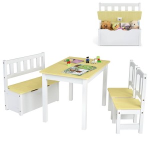 Costway 4 PCS Kids Wooden Activity Table & Chairs Set w/Storage Bench Study Desk Natural\Grey - 1 of 4