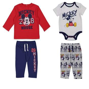 Disney Mickey Mouse Baby Pants Pullover T-Shirt and Bodysuit 4 Piece Layette Set Newborn to Infant 