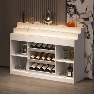 Famapy White Multi-Layer Bar Cabinet Wine Cabinet: Wave-Patterned Glass Countertop, Tiered Design – Spacious Wine & Liquor Storage, Ambient Lighting - 1 of 4