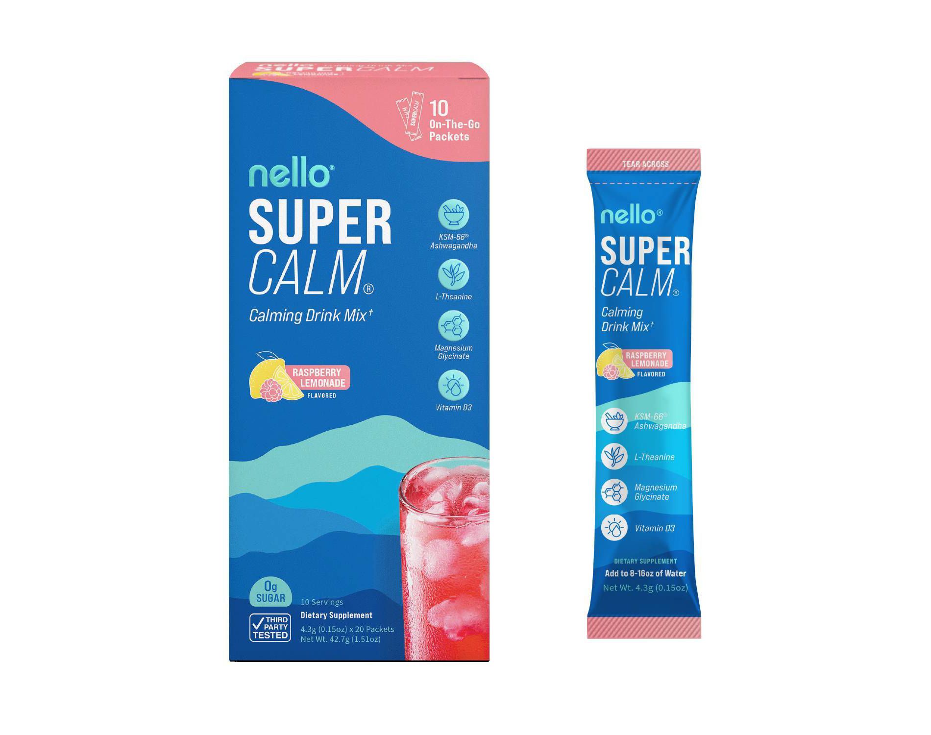 Nello Supercalm Calming Drink Mix Supplement Powder - Raspberry Lemonade - 10ct