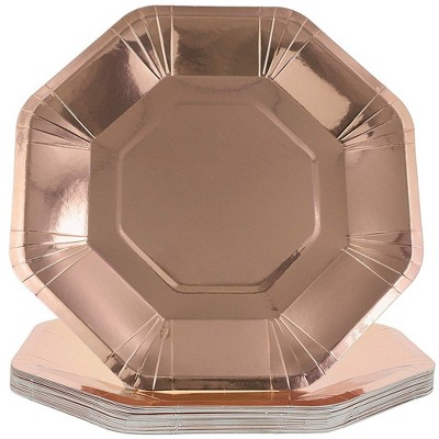 Juvale 24 Pcs Octagon Disposable Paper Party Plates, Rose Gold Foil, 9 Inches