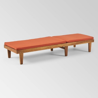 Teak Finish Acacia Wood Chaise Lounge with Rust Orange Cushion