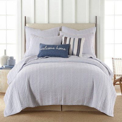 Tobago Stripe Blue Cotton Full/Queen Reversible Quilt Set