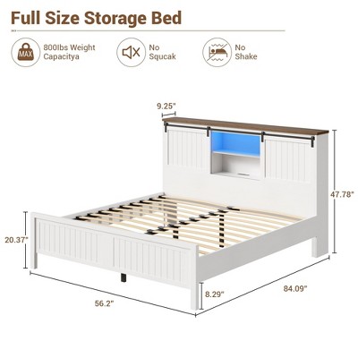 Bed Frame, Full Size Platform Bed Frame with Sliding Barn Door Storage Cabinets