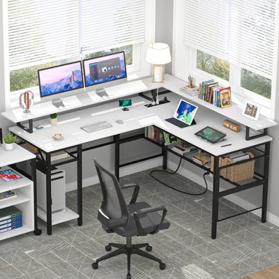 Aheaplus L Shape Computer Desk with Monitor Stand, Reversible Gaming Desk with Charge Station and LED Light