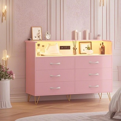 WhizMax 49.1''  Wooden Dressers， TV Stand with Charging Station & LED Light, Modern Chest of Drawers, Storage Cabinet With 6 Drawers