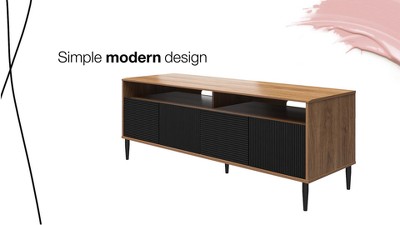 Daphne Walnut and Black Fluted Media Console with Cabinet