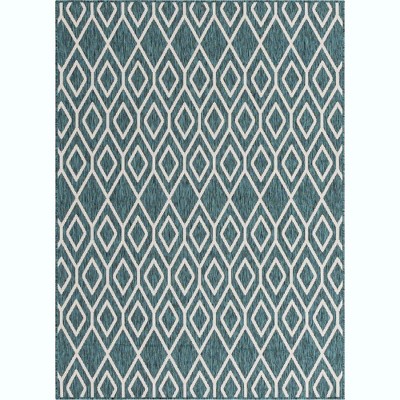 Teal and Ivory Geometric Outdoor Rectangular Area Rug 5' x 7'