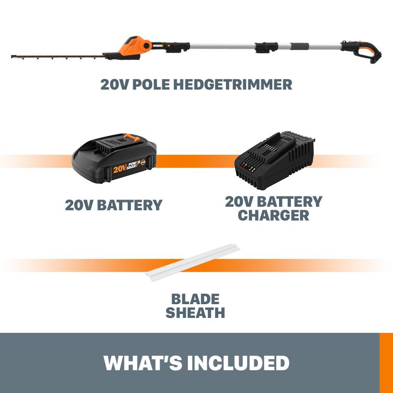 Worx WG252 20" - 20V Pole Hedge Trimmer with 13' Reach, 10-Position Head, Rotating Handle, 3 of 12