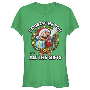 Juniors Womens Nintendo Christmas Super Mario Mustache T-Shirt - 1 of 3