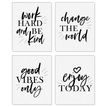 Big Dot of Happiness Work Hard and Be Kind - Unframed Inspirational Quotes Linen Paper Wall Art - Set of 4 - Artisms - 8 x 10 inches Black and White