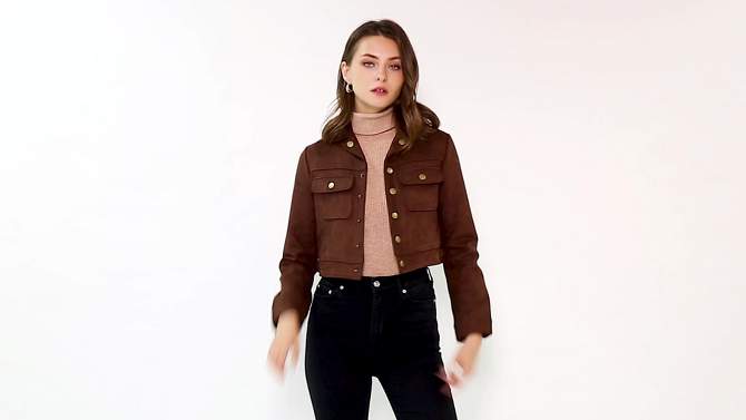 Allegra K Women's Casual Faux Suede Notched Collar Button Up Cropped Jacket with Pockets, 2 of 7, play video