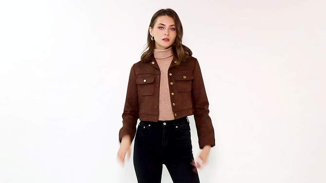 Allegra K Women's Casual Faux Suede Notched Collar Button Up Cropped Jacket with Pockets, 2 of 8, play video