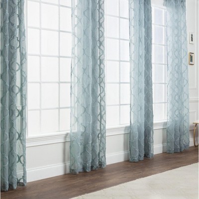 Tan Turquoise Moroccan Textured Sheer Grommet Window Curtain Panels, 52 x 63 in