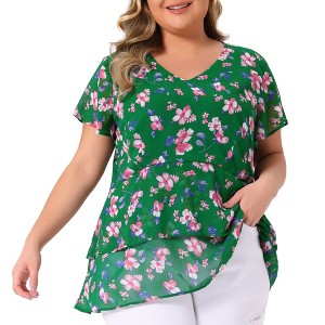 Agnes Orinda Women's Plus Size V Neck Short Sleeve Floral Print Tiered Peplum Blouses - 1 of 4
