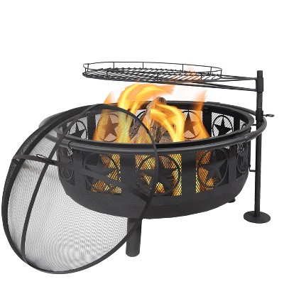 Sunnydaze Outdoor Portable Camping or Backyard Steel Large All Star Fire Pit Bowl with Spark Screen and Cooking Grate - 30" - Black