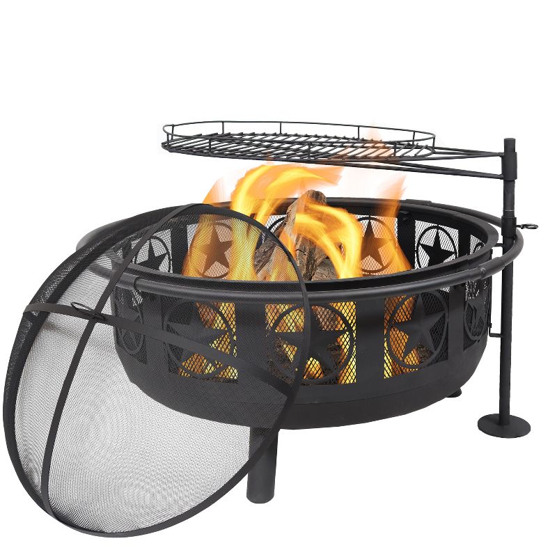 Sunnydaze Outdoor Portable Camping or Backyard Steel Large All Star Fire Pit Bowl with Spark Screen and Cooking Grate - 30" - Black, 1 of 12