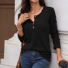 Women's Waffle Knit Crew Neck Henley Top Long Sleeve Buttoned Loose Casual T-Shirt - 4 of 4