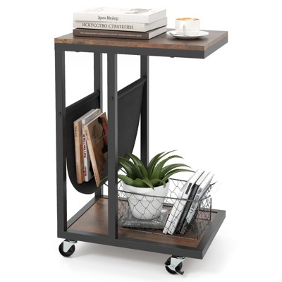Tangkula 2-tier Side Table C-shaped Bedside Table with Storage Pocket Lockable Casters