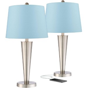 360 Lighting Geoff Modern Table Lamps 26" High Set of 2 Brushed Nickel with USB Charging Port Blue Hardback Drum Shade for Bedroom Living Room Desk - 1 of 4
