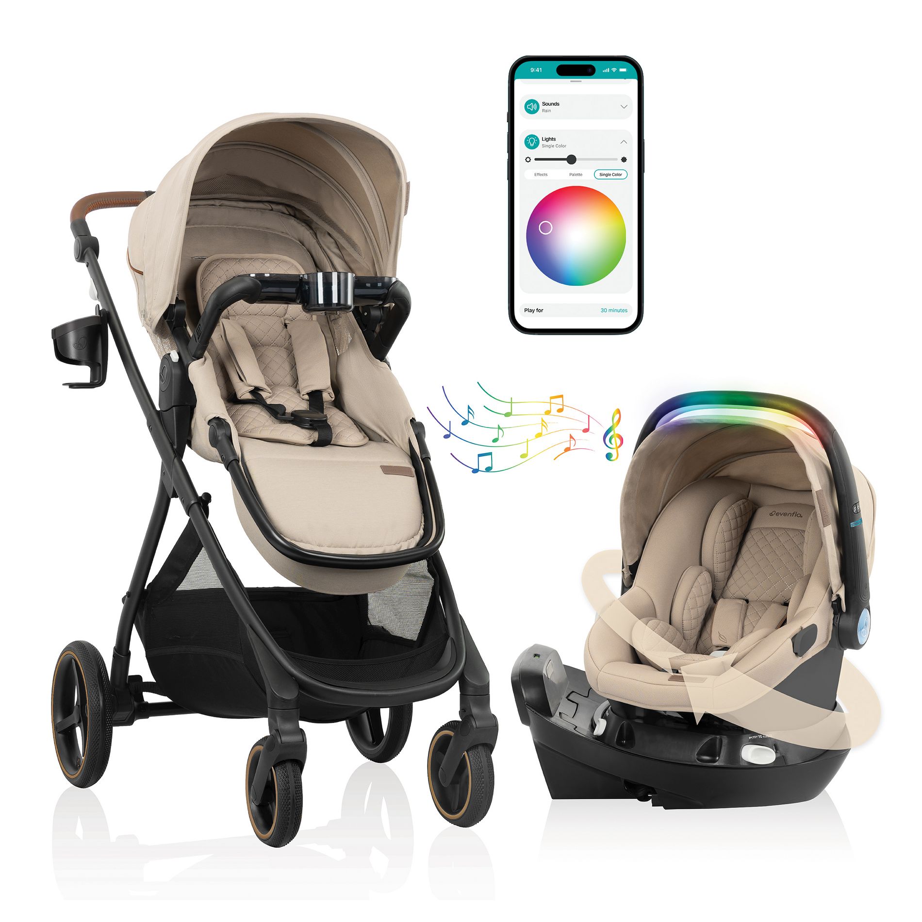 Evenflo Shyft Intuiti+ Travel System with Revolve180 LiteMax NXT SensorySoothe Infant Car Seat - Travertine