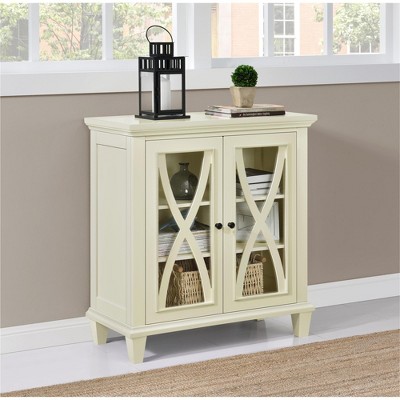 Ivory Glass Double Door Accent Cabinet with Shelves