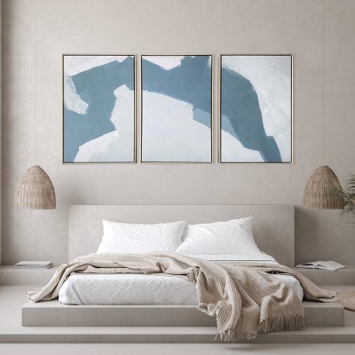 48" x 24" Abstract Blues Triptych Canvas with Gold Frame