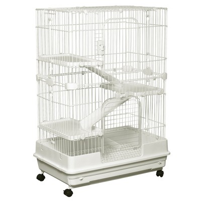 SKYONE 32" White Small Animal Cage with 4 Lockable Wheels, Slide-out Tray, Platforms & Ramps -