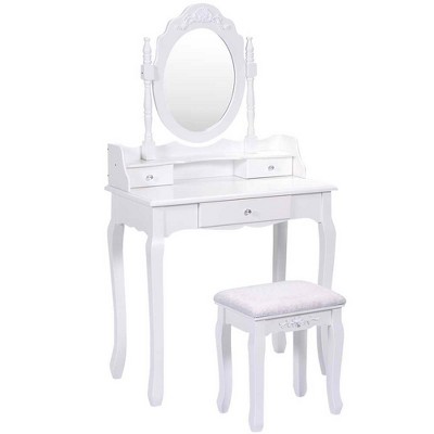 Tangkula White Vanity Mirror Wood Makeup Dressing Table Stool Set White ...