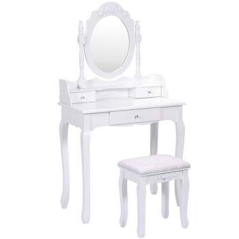 Tangkula White Vanity Mirror Wood Makeup Dressing Table Stool Set(Mirror, 3 Drawers, Stool)