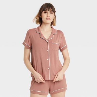 Women's Beautifully Soft Short Sleeve Notch Collar Top and Shorts Pajama Set - Stars Above™ Rose Pink S