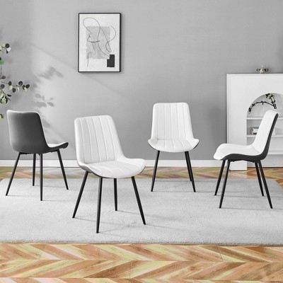 DOMETOUR PU Dining Chair Set of 4, Extended Seat Cushion, Modern White & Dark Gray, Smooth Lines