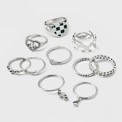 Checkerboard Heart and Flame Textured Ring Set 10pc - Wild Fable™ Silver
