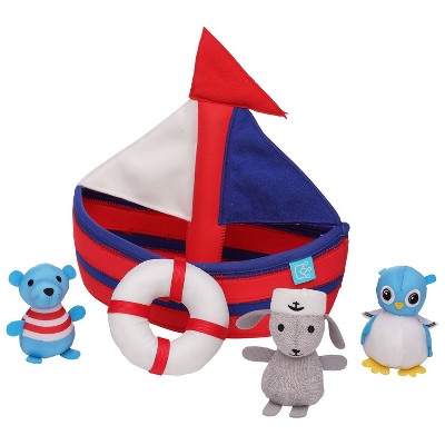 Manhattan Toy Neoprene Sailboat 4 Piece Floating Spill n Fill Bath Toy with Quick Dry Sponges and Squirt Toy