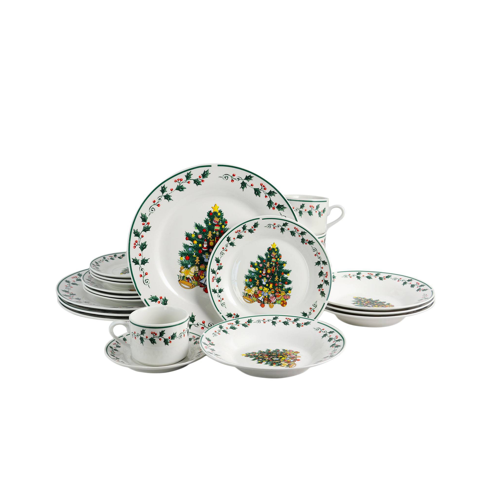 Gibson Home 20pc Ceramic Christmas Tree Trimming Dinnerware Set: Off-White, Service for 4, Microwave & Dishwasher Safe