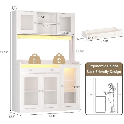 Qwatto 71" Kitchen Pantry Cabinet with Charging Station and LED Lights Tall Freestanding Kitchen Hutch with storage Rack Microwave Stand White Cabinet — фото 6