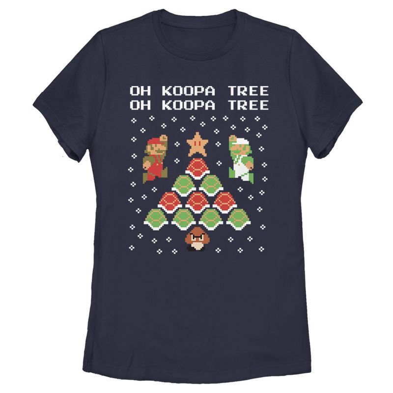 Women's Nintendo Christmas Mario Bros. Koopa Tree T-Shirt, 1 of 5