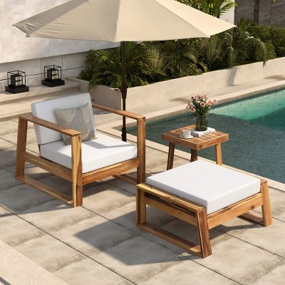 3-Piece Acacia Wood Patio Seating Set,Outdoor Patio Set With Soft Cushions And Coffee Table,Patio Small Space Chat Set -Maison Boucle